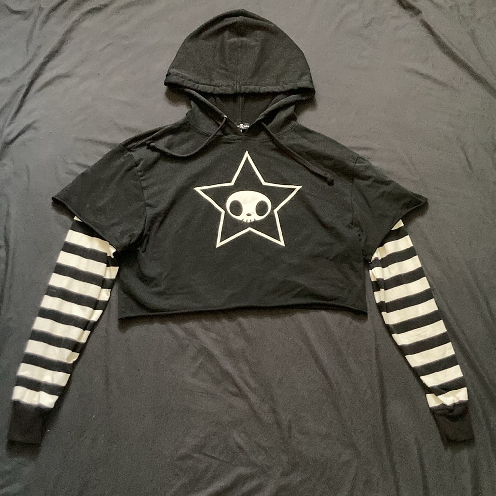 Dollskill x Tokidoki Adios Star Layered Cropped Hoodie Striped Sleeves Size XS